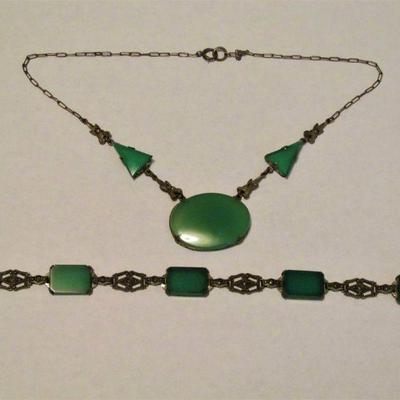 Vintage Chrysoprase Marcasite necklace & bracelet