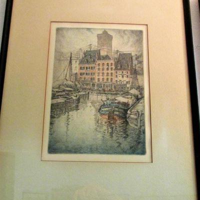 Charles Mielatz "City Docks" hand colored etching