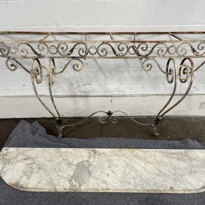 Painted White Iron Scroll Marble Top Console Table