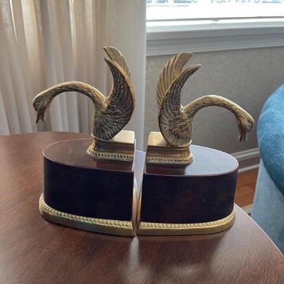 Brass and wood swan bookends