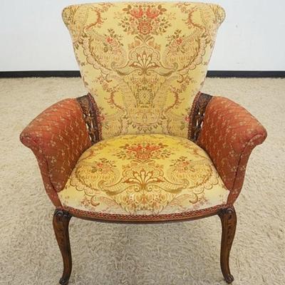1018	 UPHOLSTERED SCROLLED BACK ARMCHAIR W/PIERCED CARVED SIDES & LEGS
