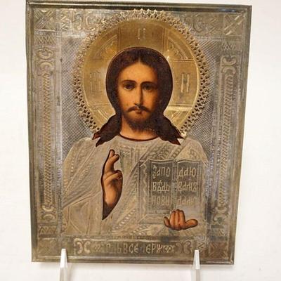 1128	ANTIQUE RUSSIAN ICON	ANTIQUE RUSSIAN ICON, W/EMBOSSED SILVER SHROUD APPROXIMATELY 7 IN X 5 3/4 IN

