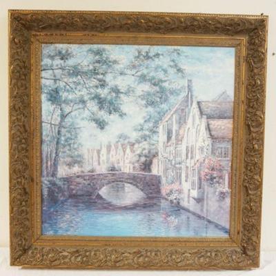 1254	LARGE CONTEMPORARY PAINTING ON BOARD	LARGE CONTEMPORARY PAINTING ON BOARD OF EUROPEAN VILLAGE ON CANAL IN GILT FRAME
