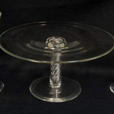 1151	4 FLUTED WINE GLASSES AND CAKE STAND	LOT OF 4 FLUTED WINE GLASSES WITH AIR TWIST STEMS, APPROXIMATELY 9 IN HIGH AND CAKE STAND WITH...