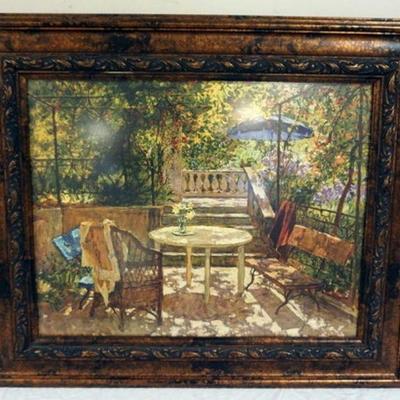 1252	LARGE COLORFUL PRINT OF PATIO SCENE	LARGE COLORFUL PRINT OF PATIO SCENE UNDER GLASS, APPROXIMATELY 32 IN X 37 IN 
