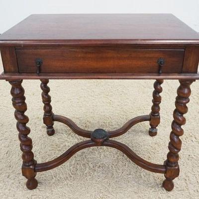 1005	SOLID MAHOGANY ONE DRAWER TABLE W/BARLEY TWIST TURNED LEGS, APPROXIMATELY 31 IN X 20 IN X 30 IN HIGH
