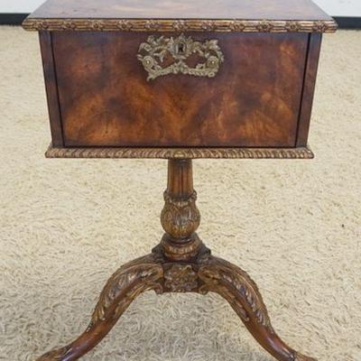 1035	MAHOGANY BURL WOOD STATIONERY BOX W/DROP FRONT ON CARVED PEDESTAL W/GILT ACCENTS ON CARVINGS, BOX LOCKED, APPROXIMATELY 24 IN X 30...