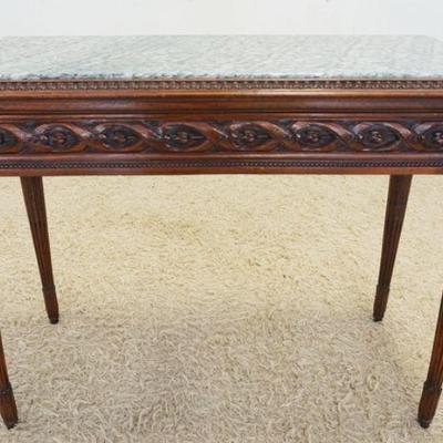 1031	CARVED WALNUT ONE DRAWER HALL OR SOFA TABLE W/TAPERED FLUTED LEGS & GREEN & OYSTER SPATTERED MARBLE INSET TOP, APPROXIMATELY 43 IN C...