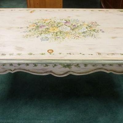 1009	FLORAL PAINT DECORATED COUNTRY STYLE COFFEE TABLE, APPROXIMATELY 46 IN X 28 IN X 18 IN HIGH
