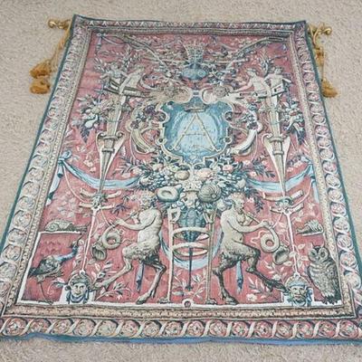 1064	COMTEMPORARY FRENCH TAPESTRY W/ONE HANGING ROD, GILT DECORATED SCROLLED ENDS, APPROXIMATELY 69 IN X 75 IN HIGH
