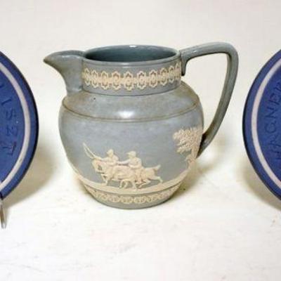 1181	BLUE JASPERWAR 	BLUE JASPERWARE 3 PICES LOT INCLUDING COPELAND SPODE PITCHER AND 2 WALL PLAQUES OF WAGNER AND LISZT
