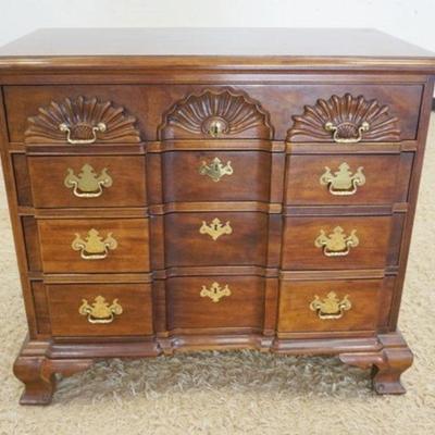 1047	MAHOGANY BLOCK FRONT 4 DRAWER CHEST, SHELL CARVED TOP DRAWER, SUN FADING ON TOP FINISH, APPROXIMATELY 38 IN C 20 IN X 34 IN
