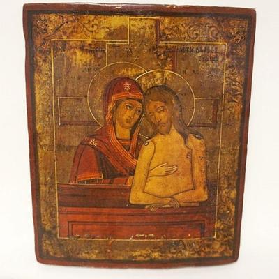 1124	ANTIQUE RUSSIAN ICON	ANTIQUE RUSSIAN ICON, INSCRIBED WRITING ON REVERSE, APPROXIMATELY 7 1/2 IN X 9 1/4 IN

