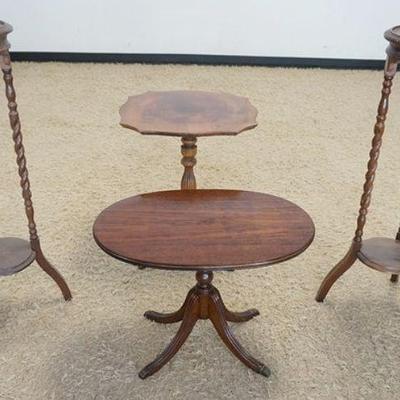 1055	LOT PAIR WOODEN PEDESTALS & 2 MAHOGANY STANDS, ALL IN NEED OF RESTORATION, PEDESTAL IS APPROXIMATELY 41 IN HIGH
