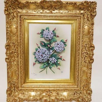 1056	CAPODIMONTE PORCELAIN 3 DIMENSIONAL RELEIF FLORAL WALL PLAQUE IN ORNATE GILT GOLD FINISHED FRAME, SIGNED & DATED, APPROXIMATELY 24...