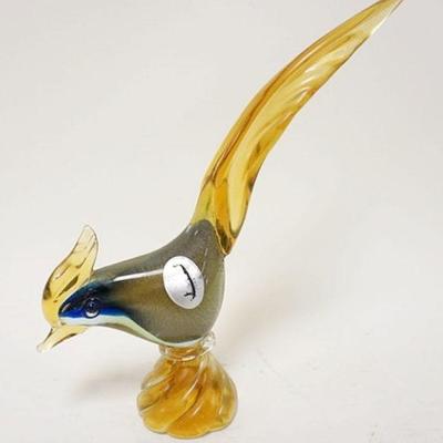 1070	MURANO GLASS PHEASANT, MULTICOLORED SPATTER GLASS  W/AMBER BASE, APPROXIMATELY 16 1/4 IN
