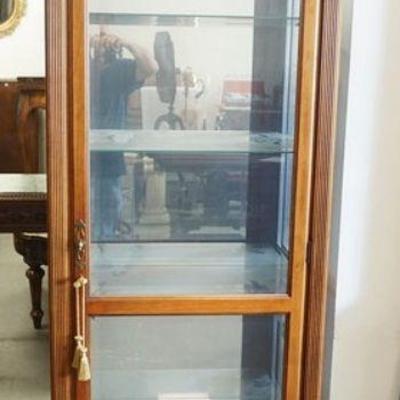 1053	MAHOGANY NARROW MIRROR BACK CURIO/CRYSTAL CABINET W/INTERIOR LIGHT & REEDED SIDES, 28 IN X 13 IN X 79 IN HIGH
