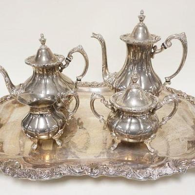 1061	REED & BARTON 5 PIECE HEAVY SILVERPLATE TEASET, DOUBLE HANDLED SERVING TRAY APPROXIMATELY 31 IN X 19 IN, TALLEST TEAPOT IS 11 1/2 IN...