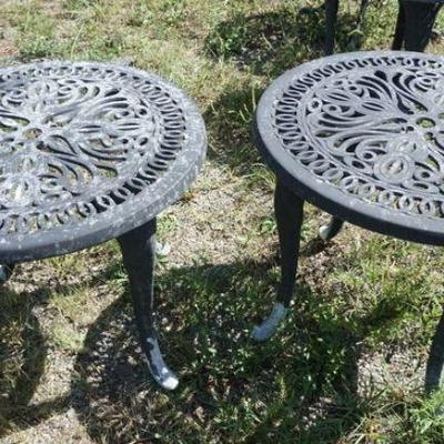 1290	2 SIMILAR CAST METAL PATIO TABLES	2 SIMILAR CAST METAL PATIO TABLES, APPROXIMATELY 21 IN X 18 IN HIGH
