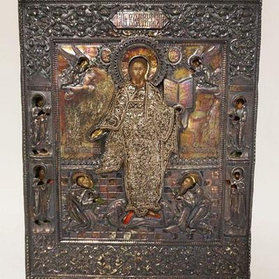 1132	ANTIQUE RUSSIAN ICON	ANTIQUE RUSSIAN ICON W/SILVER SHROUD OVER PAINTING, SHROUD HAS OUTSTANDING HAND TOOLED WORKMANSHIP, FRAME HAS...