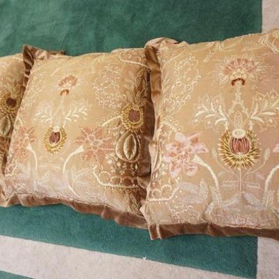 1040	LOT OF 3 OVERSIZED EMBROIDERED PILLOWS, APPROXIMATELY 27 IN SQUARE

