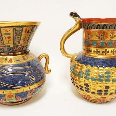1101	2 PIECES CONTEMPORARY EGYPTIAN POTTERY VASES	2 PIECES CONTEMPORARY EGYPTIAN POTTERY VASES SIGNED & DATED 2002, ONE W/COBRA HANDLES,...