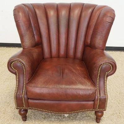1024	WHITEMORE SHERRILL FAN BACK LEATHER ARMCHAIR W/BRASS TACKING ACCENTS, LEATHER FINSIH WORN IN SPOTS
