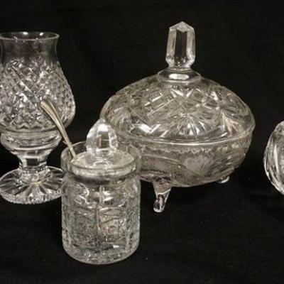 1075	5 PIECE GLASS LOT INCLUDING CUT GLASS & WATERFORD CANDLE HOLDER W/HURRICANE SHADE
