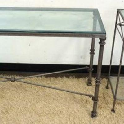 1264	GLASS TOP IRON BASE TABLE AND 2 STANDS	LOT GLASS TOP IRON BASE HALL ENTRY OR SOFA TABLE AND 2 STAND, TABLE APPROXIMATELY 17 IN X 50...