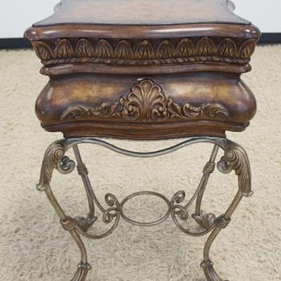 1028	ORNATE HINGED BOX ON FANCY IRON STAND W/FAUX LEATHER FINISH, APPROXIMATELY 18 IN X 13 IN X 29 IN HIGH
