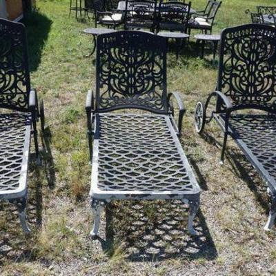1301	3 CAST METAL CHAISE LOUNGES	3 CAST METAL CHAISE LOUNGES, APPROXIMATELY 29 IN X 65 IN X 40 IN HIGH
