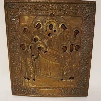 1127	ANTIQUE RUSSIAN ICON	ANTIQUE RUSSIAN ICON W/EMBOSSED COPPER SHROUD OVER PAINTING, APPROXIMATELY 11 IN X 12 1/4 IN
