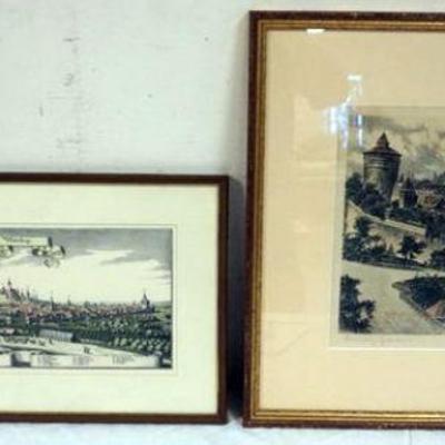 1250	2 FRAMED COLORED ENGRAVINGS OF EUROPEAN SCENES	2 FRAMED COLORED ENGRAVINGS OF EUROPEAN SCENES, 1 ARTIST SIGNED, LARGEST...