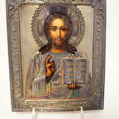1129	ANTIQUE RUSSIAN ICON	ANTIQUE RUSSIAN ICON W/SILVER SHROUD OVER PAINTING, SHROUD STAMPED 84, APPROXIMATELY 7 1/4 IN X 9 IN
