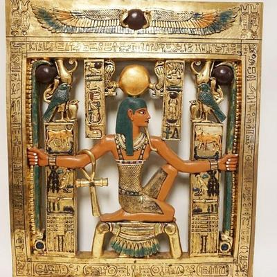 1104	EGYPTIAN WALL HANGING	EGYPTIAN WALL HANGING OF A GOD W/HIEROGLYPHICS ON BORDER FRAME, APPROXIMATELY 31 IN X 35 IN HIGH
