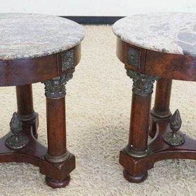 1042	PAIR OF ROUND MARBLE TOP LAMP TABLES, ONE DRAWER W/TORCH METAL FINIALS ON LOWER SHELF, 24 IN X 26 IN
