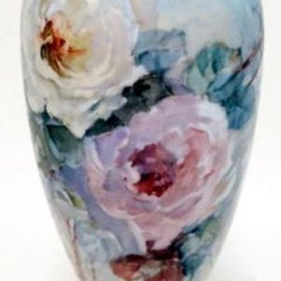 1189	BEAUTIFUL LIMOGES FRANCE VASE	BEAUTIFUL LIMOGES FRANCE W G AND CO. HAND PAINTED ROSES ON VASE, APPROXIMATLY 12 1/2 IN HIGH
