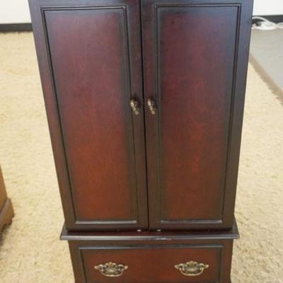 1049	2 DOOR ONE DRAWER JEWELRY CHEST W/MIRROR BACK INTERIOR, APPROXIMATELY 18 IN X 15 IN X 38 IN HIGH
