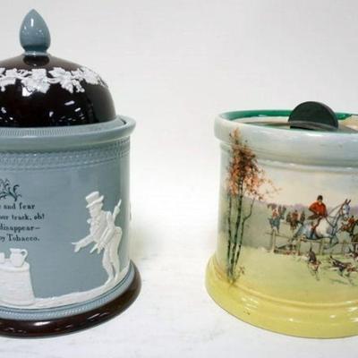 1204	ANTIQUE SPODE AND ROYAL DOULTON TABACCO JARS	ANTIQUE SPODE COPELAND ENGLAND AND ROYAL DOUTON TOBACCO JARS, 2 CHIPS ON LID OF...
