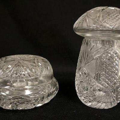 1076	LOT OF 2 CUT GLASS COVERED JARS, POWDER JAR & MUSHROOM SHAPED JAR, TALLEST IS APPROXIMATELY 5 3/4 IN

