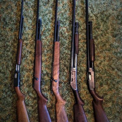 From Left to Right...
1. Winchester Model 61  .22SL or LR  Manufactured in 1951
2. JC Higgins Model 10125 Sears and Roebuck Co. bolt...