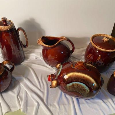 Hull pitcher, cookie jar, coffee pot, tea pot and a Big Corky Pig !