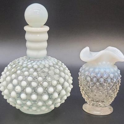 (2) Fenton Opalescent Hobnail: Perfume Bottle & a Toothpick Holder / Mini Vase