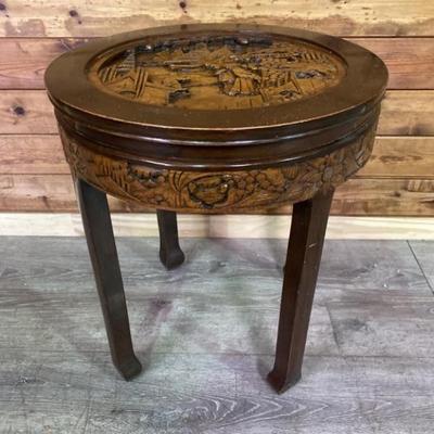 Round, Carved Wooden Accent Table w/ Asian Scene