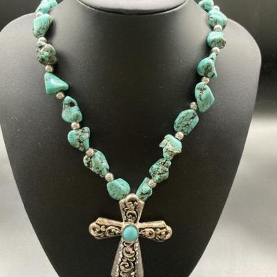 Silvertone and Turquoise 26in Cross Necklace