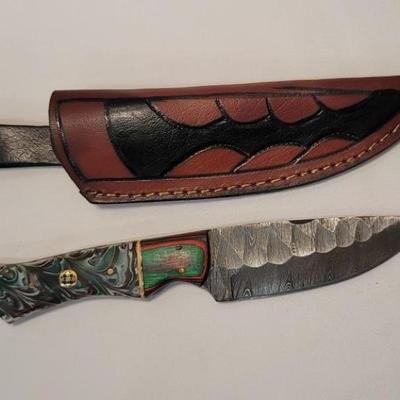 Damascas Steel Full Tang Knife w/ Leather Sheath