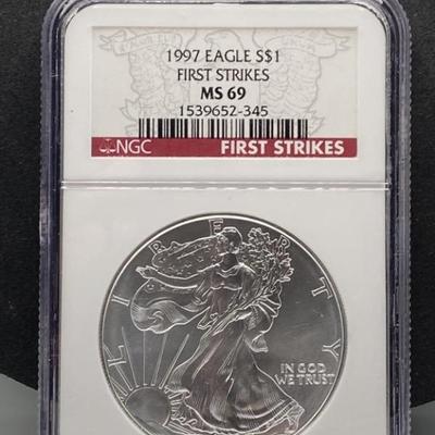 1997 Eagle $1 First Strikes MS69 .999 Fine Silver