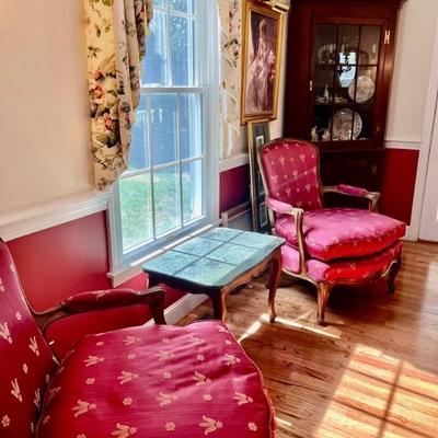 Pair French Provincial Chairs and green marble top table