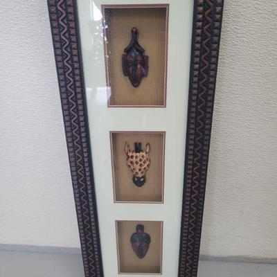 Set of three small, decor masks, framed together, modern, commercial, approximately 22