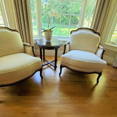 HANCOCK & MOORE. Pair of upholstered arm chairs